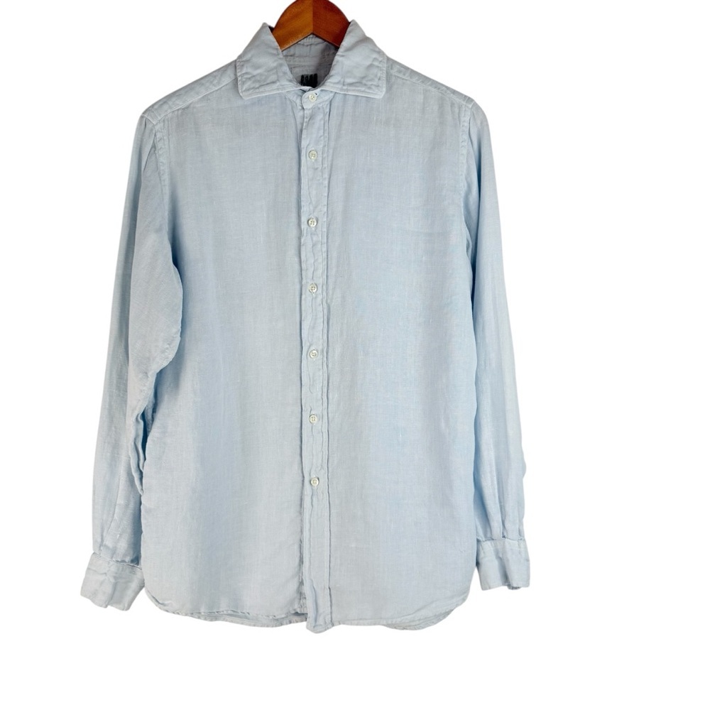 0039 Italy 100% linen Unisex Long Sleeve Buttondown Shirt Size Small light blue